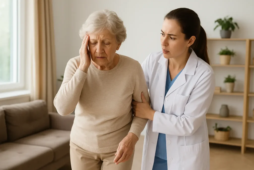 Uma idosa de cabelos grisalhos curtos, vestida com suéter bege e calça clara, é amparada por uma profissional da saúde mais jovem, que usa jaleco branco e uniforme azul. A idosa aparenta estar tonta, com a mão na têmpora e expressão de desconforto, enquanto a profissional a segura com atenção. A cena ocorre em uma sala bem iluminada, com sofá bege, cortinas claras e prateleiras ao fundo com vasos de plantas decorativas.
