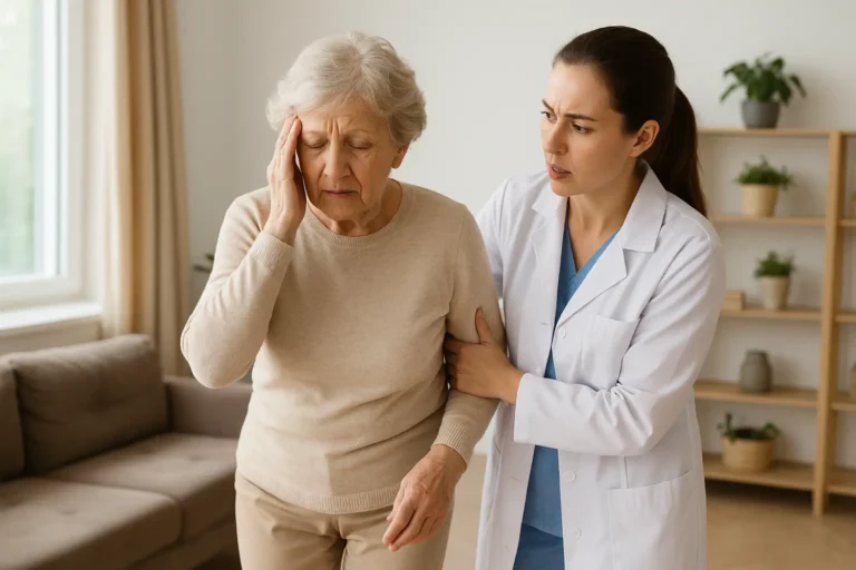 Uma idosa de cabelos grisalhos curtos, vestida com suéter bege e calça clara, é amparada por uma profissional da saúde mais jovem, que usa jaleco branco e uniforme azul. A idosa aparenta estar tonta, com a mão na têmpora e expressão de desconforto, enquanto a profissional a segura com atenção. A cena ocorre em uma sala bem iluminada, com sofá bege, cortinas claras e prateleiras ao fundo com vasos de plantas decorativas.