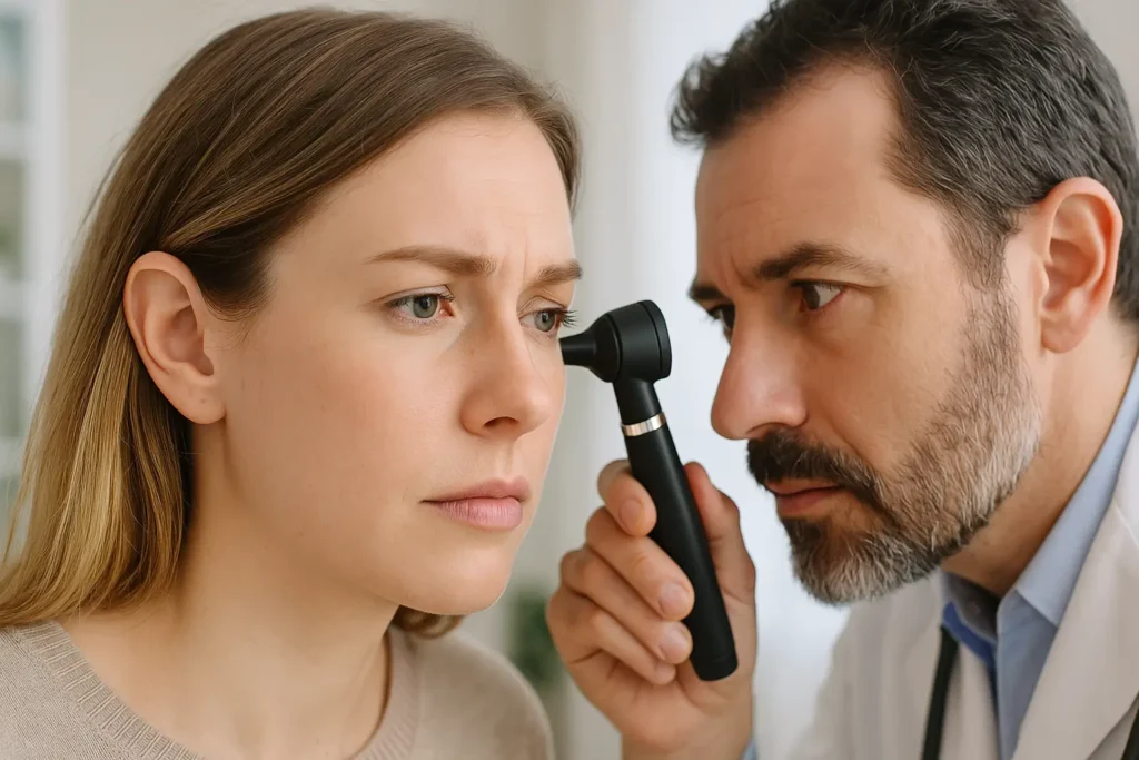 Um médico otorrinolaringologista de meia-idade, com cabelo castanho e barba grisalha, examina o ouvido de uma mulher jovem usando um otoscópio. A paciente, com cabelos loiros e expressão séria, olha para frente enquanto o profissional, vestindo jaleco branco e com um estetoscópio pendurado no pescoço, realiza o exame com atenção. A cena ocorre em um ambiente bem iluminado, sugerindo um consultório médico.
