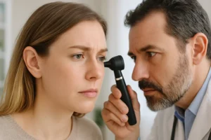 Um médico otorrinolaringologista de meia-idade, com cabelo castanho e barba grisalha, examina o ouvido de uma mulher jovem usando um otoscópio. A paciente, com cabelos loiros e expressão séria, olha para frente enquanto o profissional, vestindo jaleco branco e com um estetoscópio pendurado no pescoço, realiza o exame com atenção. A cena ocorre em um ambiente bem iluminado, sugerindo um consultório médico.