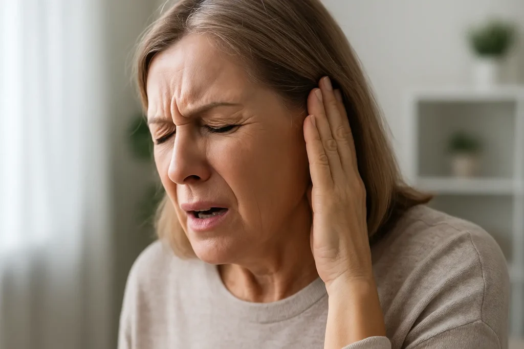 Uma mulher de meia-idade, com expressão de dor e preocupação, está com a mão esquerda pressionada contra o ouvido, indicando desconforto súbito. Ela veste um suéter bege claro e aparece em um ambiente interno bem iluminado, com fundo desfocado que inclui prateleiras e plantas decorativas. A imagem transmite uma possível crise de perda auditiva súbita.