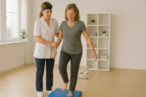 Uma fisioterapeuta mulher, vestida com jaleco branco e faixa de espelho na cabeça, auxilia uma paciente de meia-idade durante um exercício de reabilitação vestibular. A paciente, com expressão concentrada, está em pé sobre uma almofada de equilíbrio azul, levantando uma das pernas para manter a estabilidade. Elas estão em uma sala clara, com piso de madeira, janela ampla e prateleira branca ao fundo com plantas e toalhas dobradas.