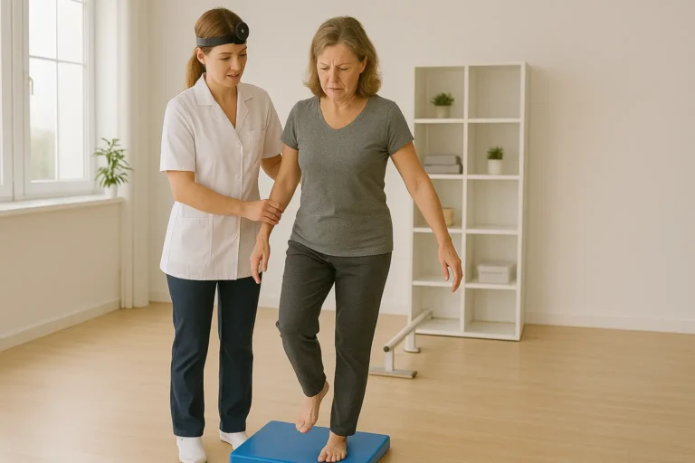 Uma fisioterapeuta mulher, vestida com jaleco branco e faixa de espelho na cabeça, auxilia uma paciente de meia-idade durante um exercício de reabilitação vestibular. A paciente, com expressão concentrada, está em pé sobre uma almofada de equilíbrio azul, levantando uma das pernas para manter a estabilidade. Elas estão em uma sala clara, com piso de madeira, janela ampla e prateleira branca ao fundo com plantas e toalhas dobradas.