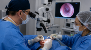 Equipe médica realizando cirurgia otorrinolaringológica com auxílio de microscópio cirúrgico em centro cirúrgico moderno, destacando procedimentos comuns para tratamento de doenças do ouvido, nariz e garganta.