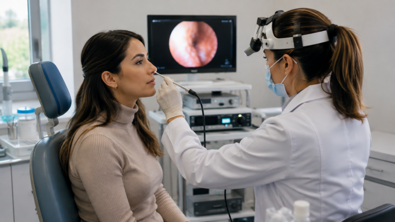 Otorrinolaringologista realizando exame nasal em paciente durante consulta especializada para diagnóstico e tratamento da sinusite.
